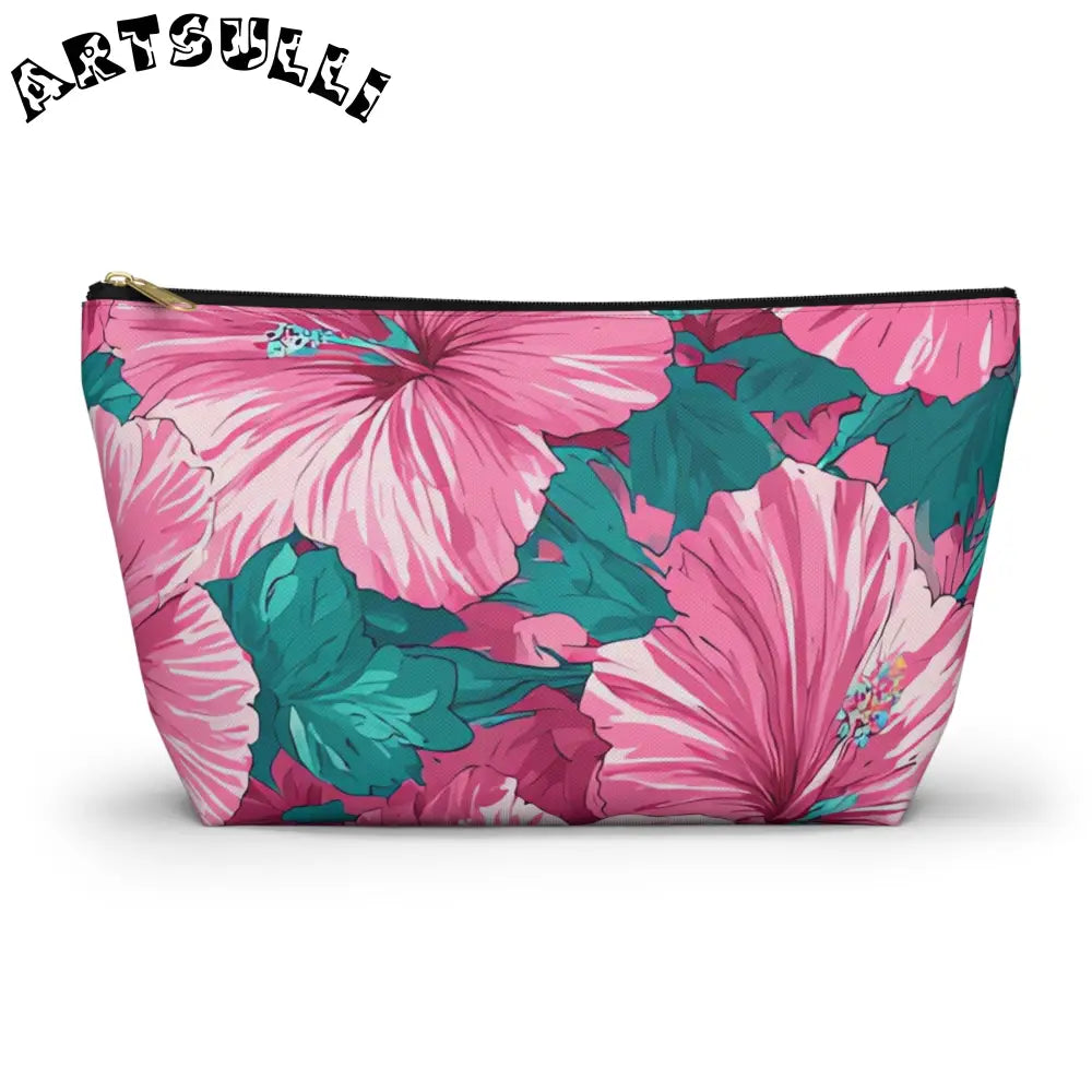 Pink Hibiscus Floral T-Bottom Pouch, Artsulli - Art is Long, Life is Short, Bags, Size, Large, Color, Black zipper, , , 24403635371554309670