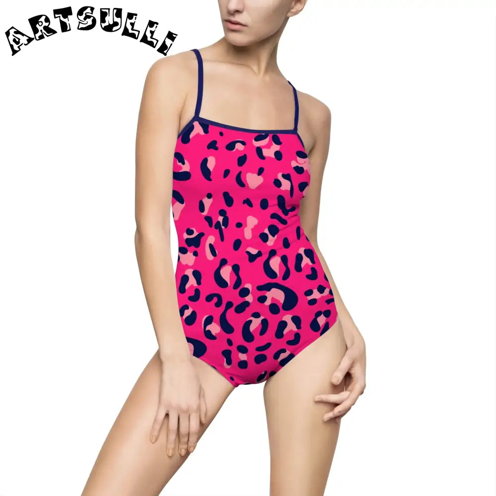 Pink Leopard One-Piece Swimsuit, Artsulli - Art is Long, Life is Short, All Over Prints, Size, XS, Color, Navy, , , 27497789847638367808