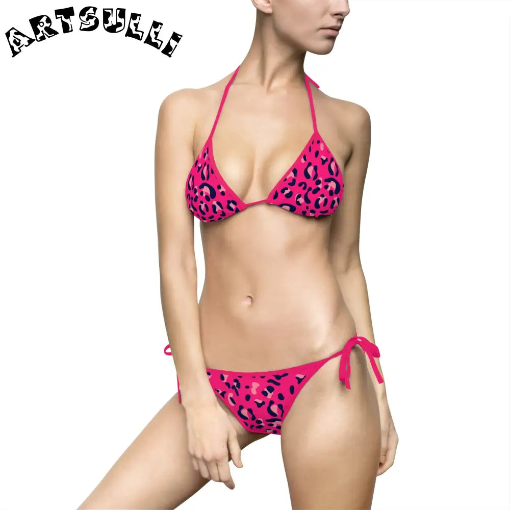 Pink Leopard Print Bikini Swimsuit, Artsulli - Art is Long, Life is Short, All Over Prints, Size, S, Color, Pink, , , 11582032035330811358