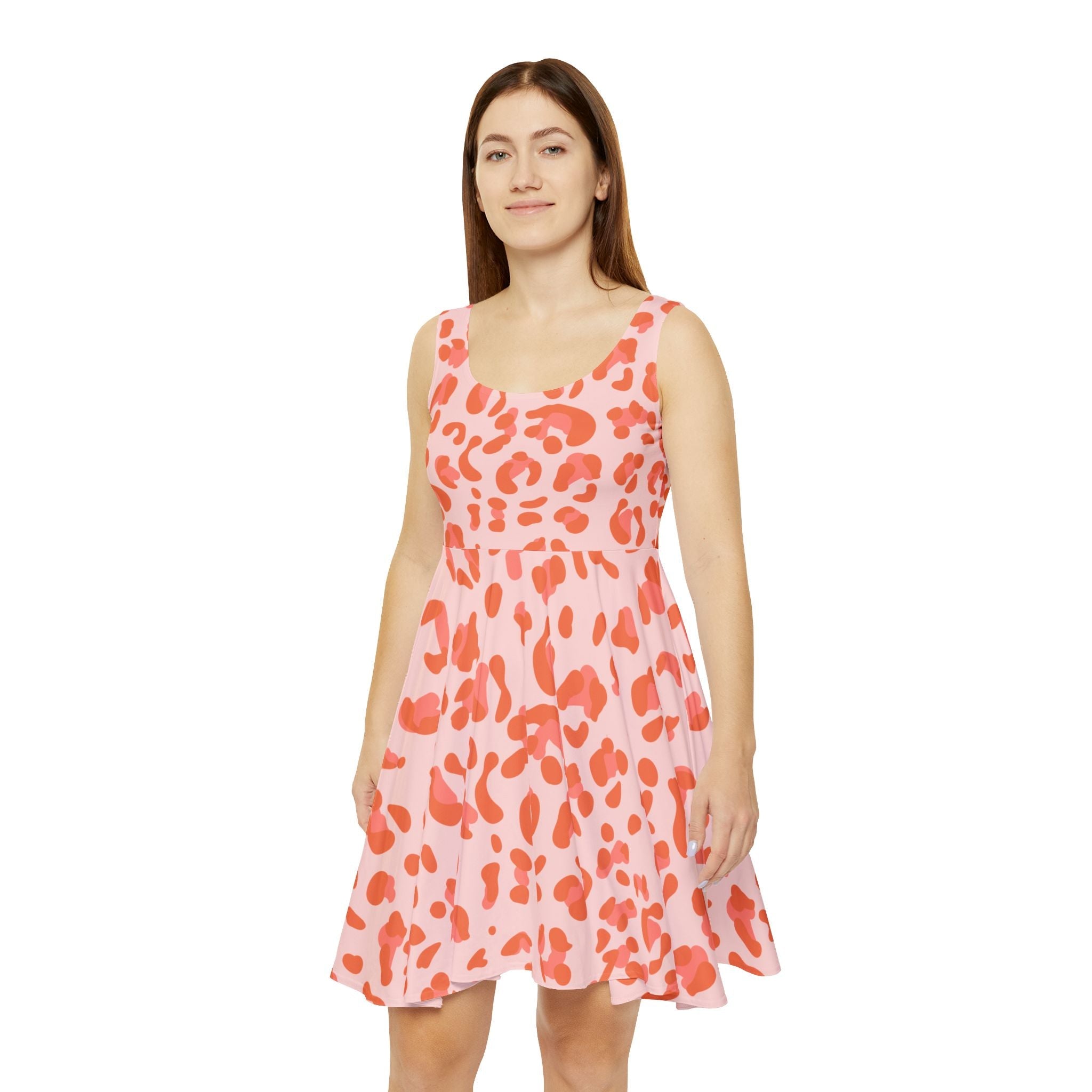 Pink Orange Leopard Skater Dress, Artsulli - Art is Long, Life is Short, All Over Prints, , , , , , , 