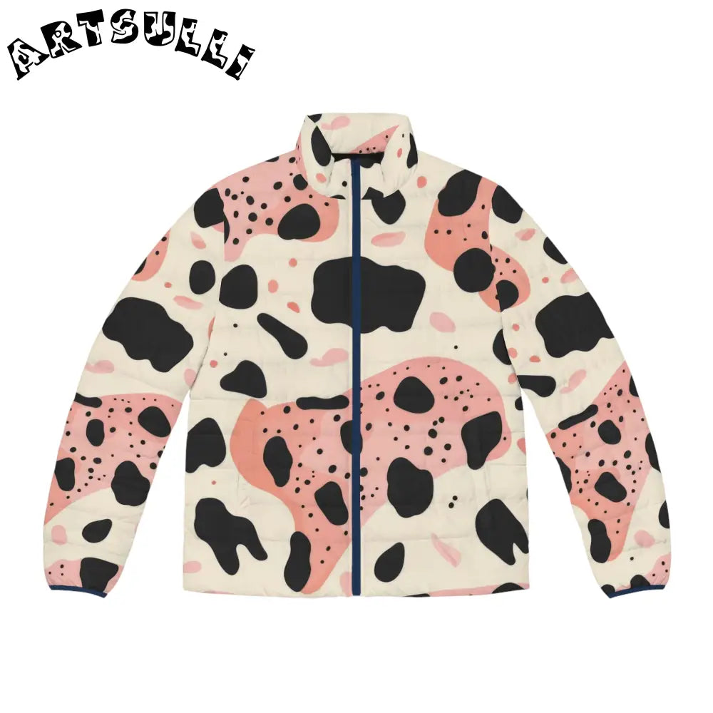 Pink Organic Cow Print Puffer Jacket, Artsulli - Art is Long, Life is Short, All Over Prints, Size, S, Color, Dark blue zipper, , , 85531883151874