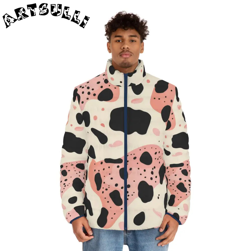 Pink Organic Cow Print Puffer Jacket, Artsulli - Art is Long, Life is Short, All Over Prints, , , , , , , 