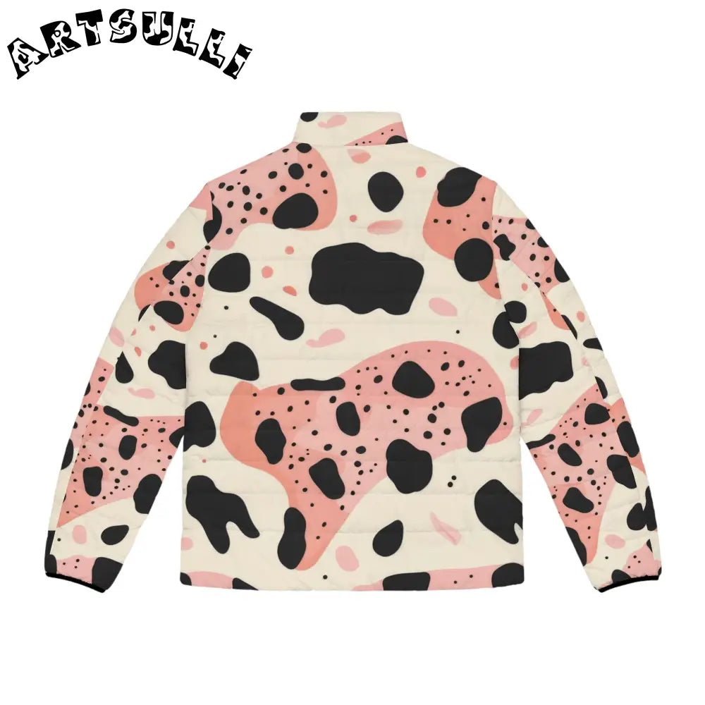 Pink Organic Cow Print Puffer Jacket, Artsulli - Art is Long, Life is Short, All Over Prints, , , , , , , 