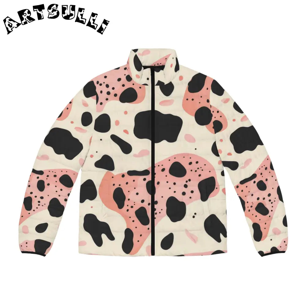 Pink Organic Cow Print Puffer Jacket, Artsulli - Art is Long, Life is Short, All Over Prints, Size, S, Color, Black zipper, , , 85545112966775
