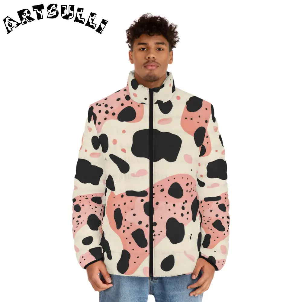 Pink Organic Cow Print Puffer Jacket, Artsulli - Art is Long, Life is Short, All Over Prints, , , , , , , 