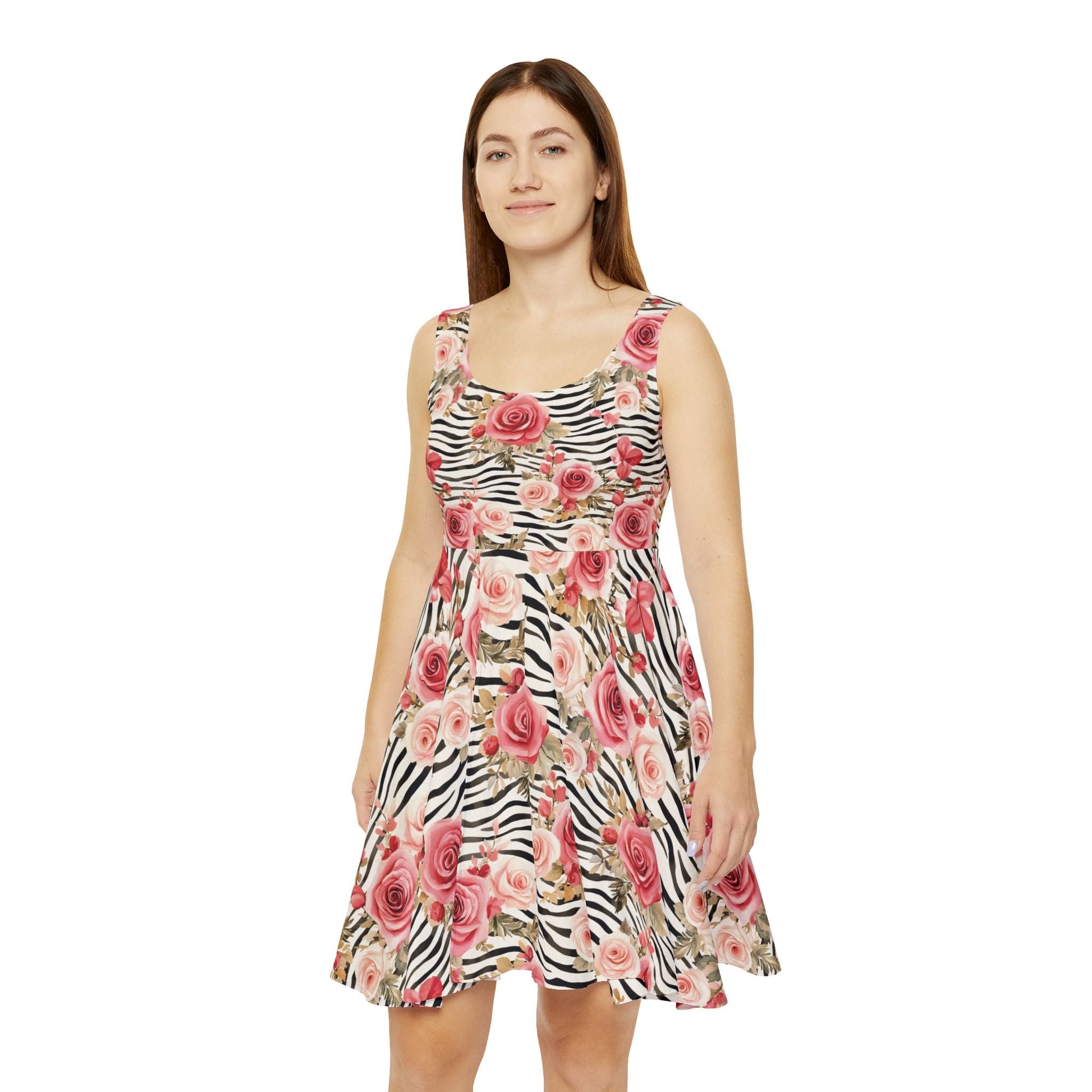 Pink Rose Zebra Print Skater Dress, Artsulli - Art is Long, Life is Short, All Over Prints, , , , , , , 