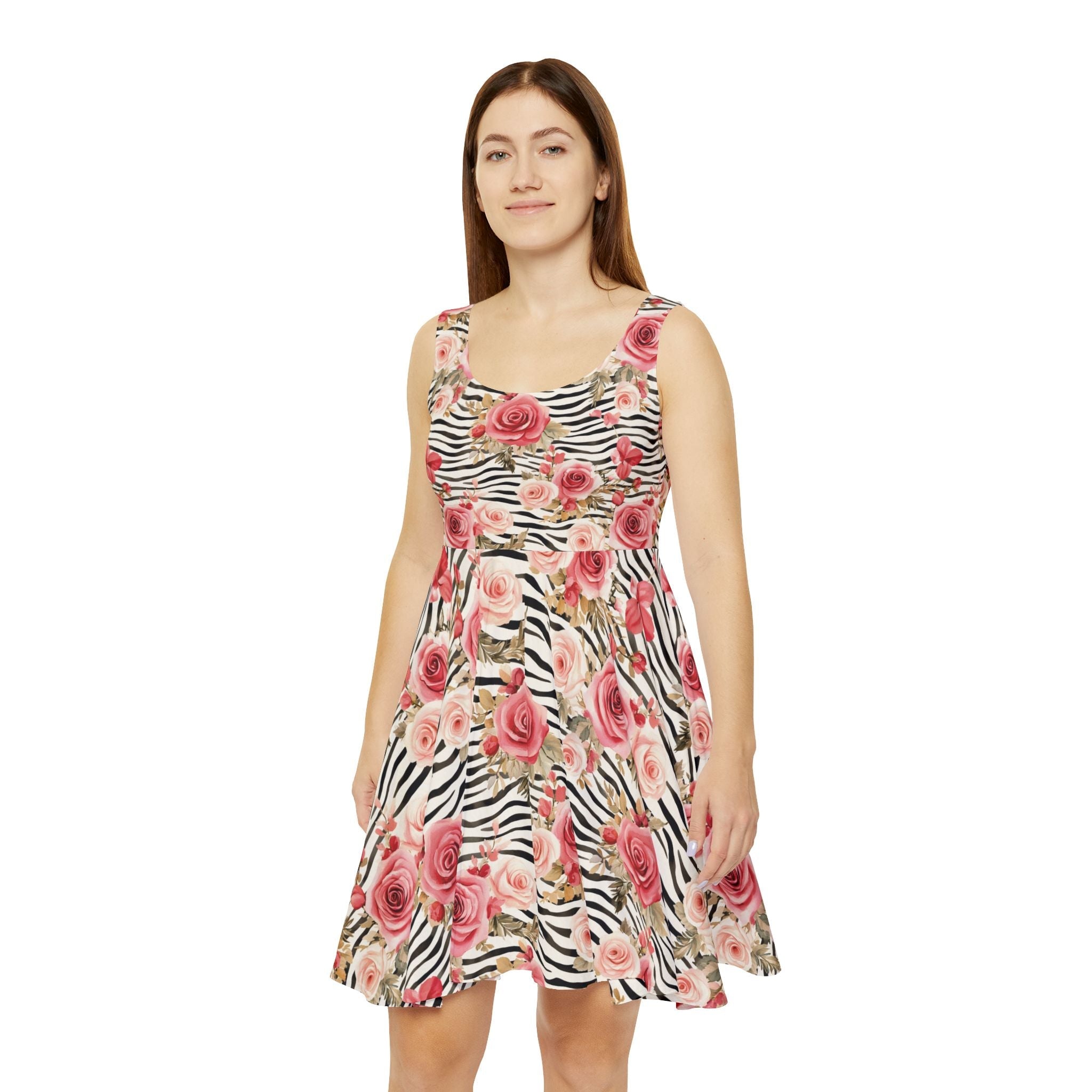 Pink Rose Zebra Print Skater Dress, Artsulli - Art is Long, Life is Short, All Over Prints, , , , , , , 