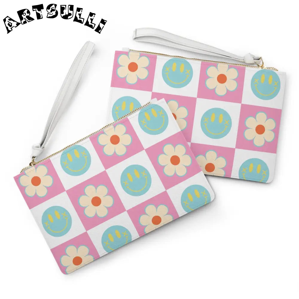Pink Smiley Flower Checkerboard Clutch Bag, Artsulli - Art is Long, Life is Short, Bags, , , , , , , 