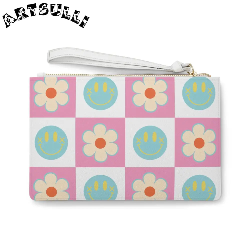 Pink Smiley Flower Checkerboard Clutch Bag, Artsulli - Art is Long, Life is Short, Bags, , , , , , , 