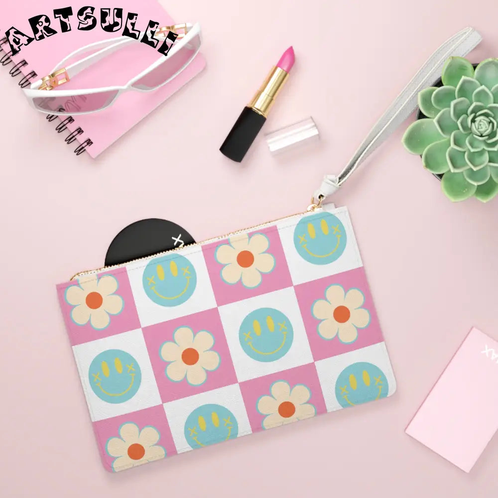 Pink Smiley Flower Checkerboard Clutch Bag, Artsulli - Art is Long, Life is Short, Bags, , , , , , , 