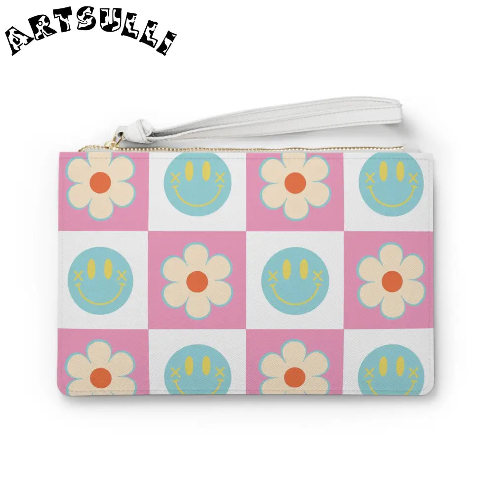 Pink Smiley Flower Checkerboard Clutch Bag, Artsulli - Art is Long, Life is Short, Bags, Size, One size, , , , , 17517727415893353734