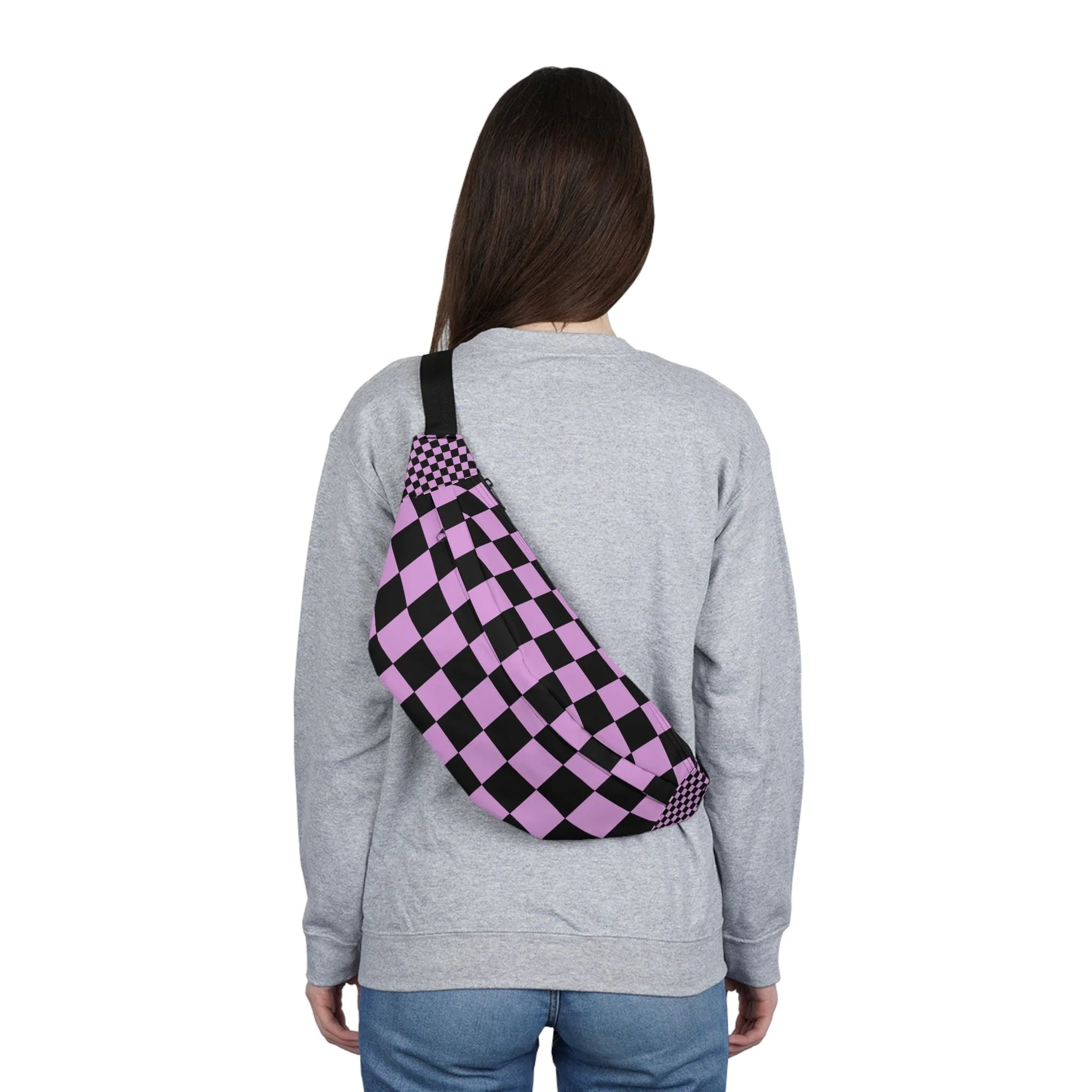 Practical Black and Purple Checkered Fanny Pack, Artsulli - Art is Long, Life is Short, Bags, , , , , , , 
