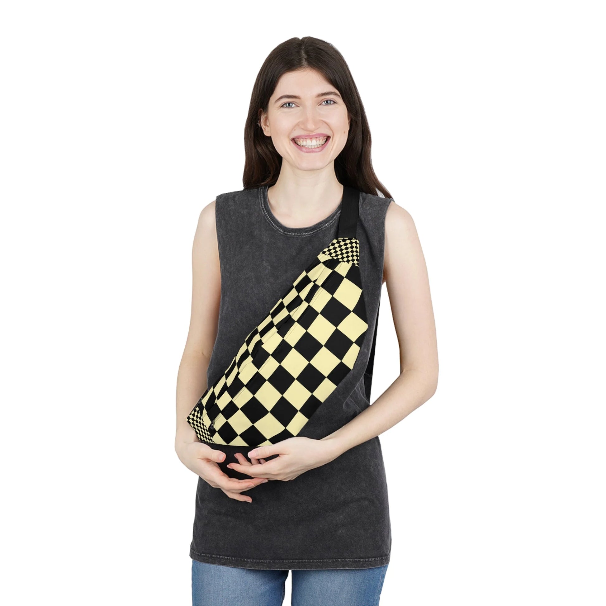 Practical Black and Yellow Checkered Fanny Pack, Artsulli - Art is Long, Life is Short, Bags, , , , , , , 