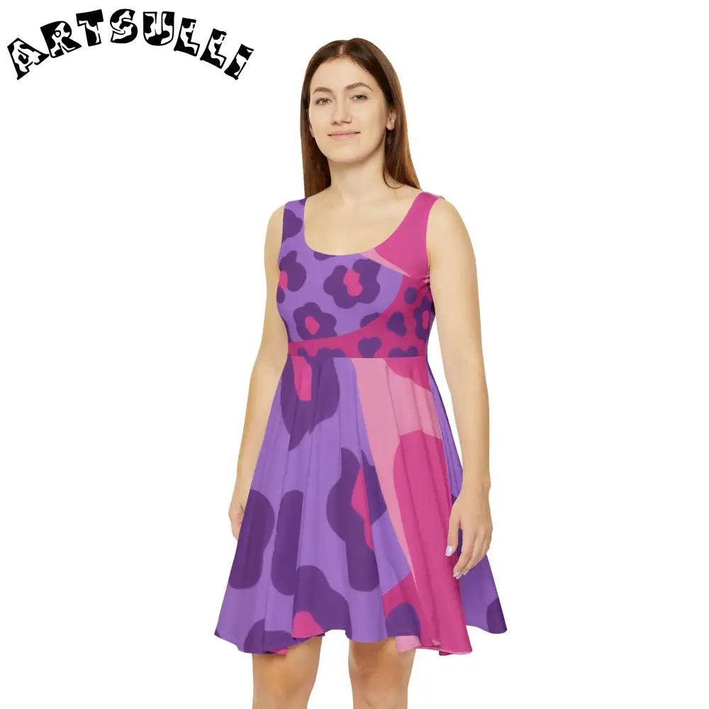 Purple and Pink Abstract Leopard Skater Dress, Artsulli - Art is Long, Life is Short, All Over Prints, , , , , , , 