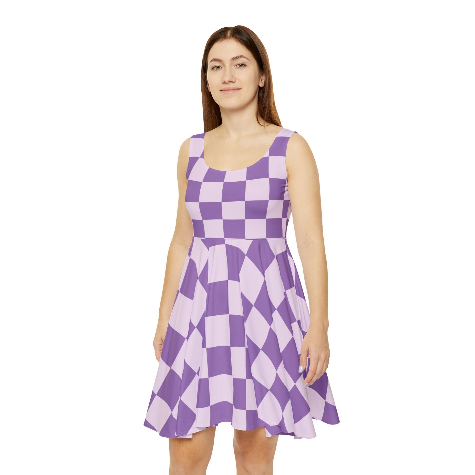 Purple and Pink Checkered Skater Dress, Artsulli - Art is Long, Life is Short, All Over Prints, , , , , , , 