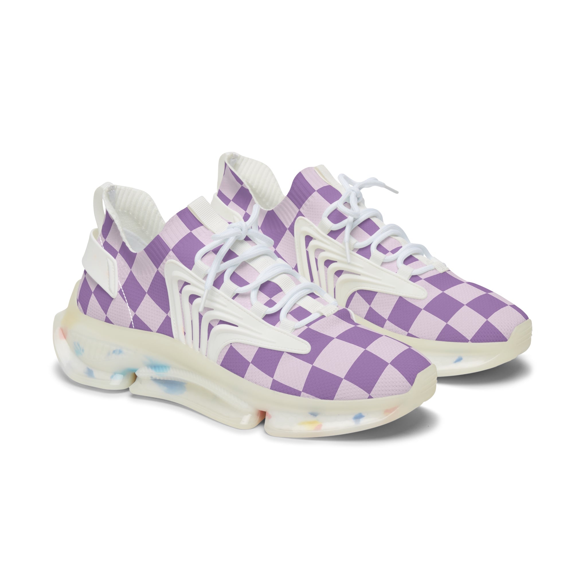 Purple and White Checkered Mesh Sneakers, Artsulli - Art is Long, Life is Short, Shoes, Color, White sole, Size, US 5.5, , , 14572530174911805154
