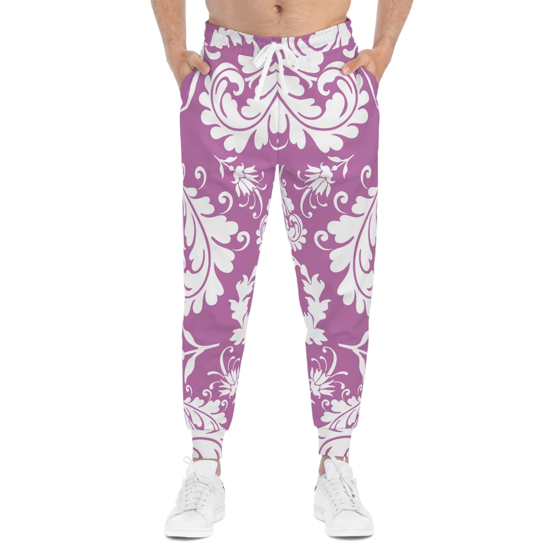 Purple and White Damask Print Joggers, Artsulli - Art is Long, Life is Short, All Over Prints, , , , , , , 