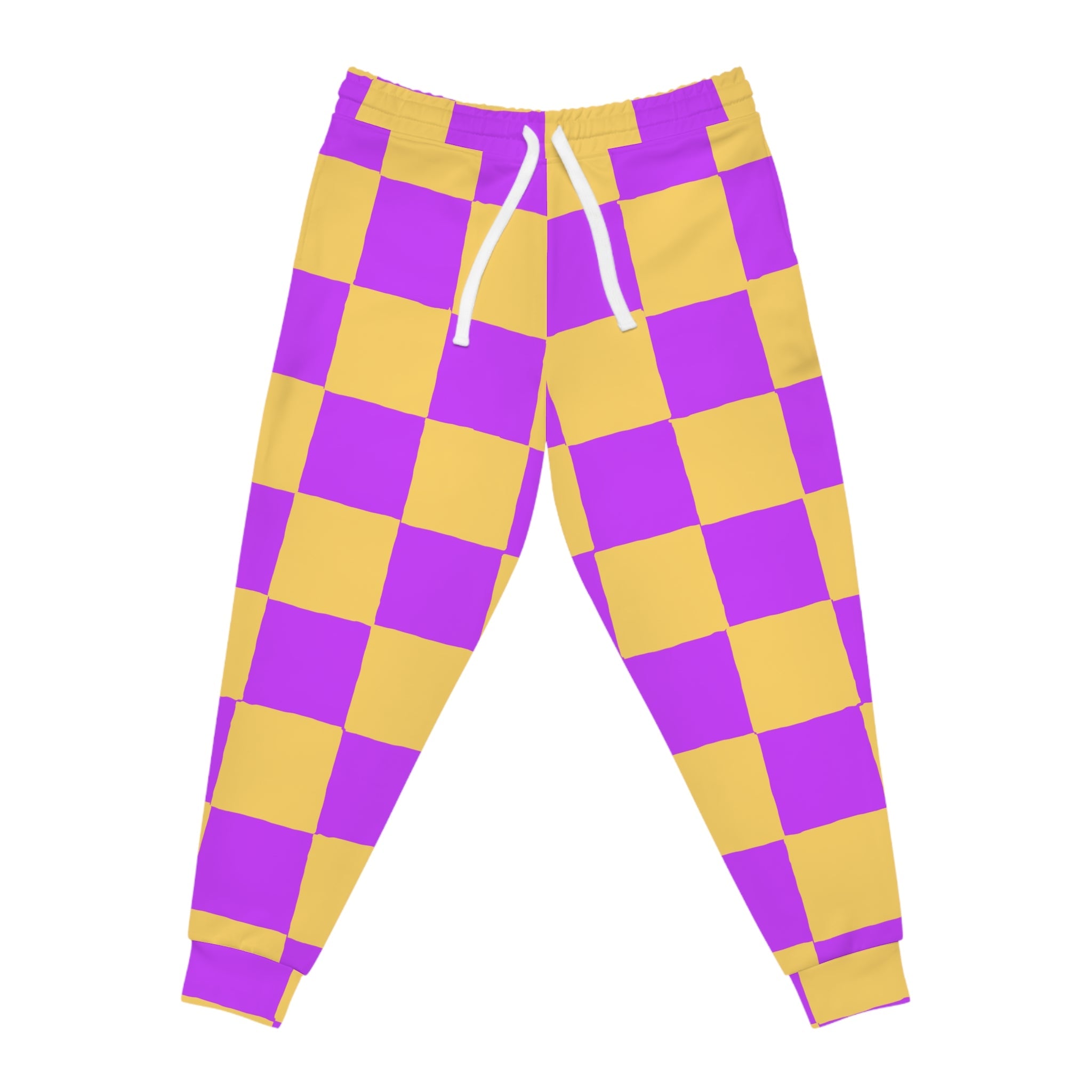 Purple and Yellow Checkered Joggers, Artsulli - Art is Long, Life is Short, All Over Prints, Size, S, Color, Seam thread color automatically matched to design, , , 14969529900846807447