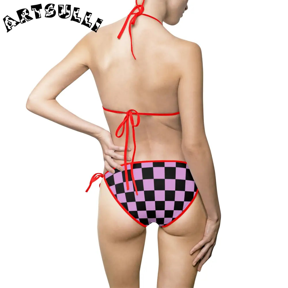 Purple Checkerboard Bikini Swimsuit, Artsulli - Art is Long, Life is Short, All Over Prints, , , , , , , 