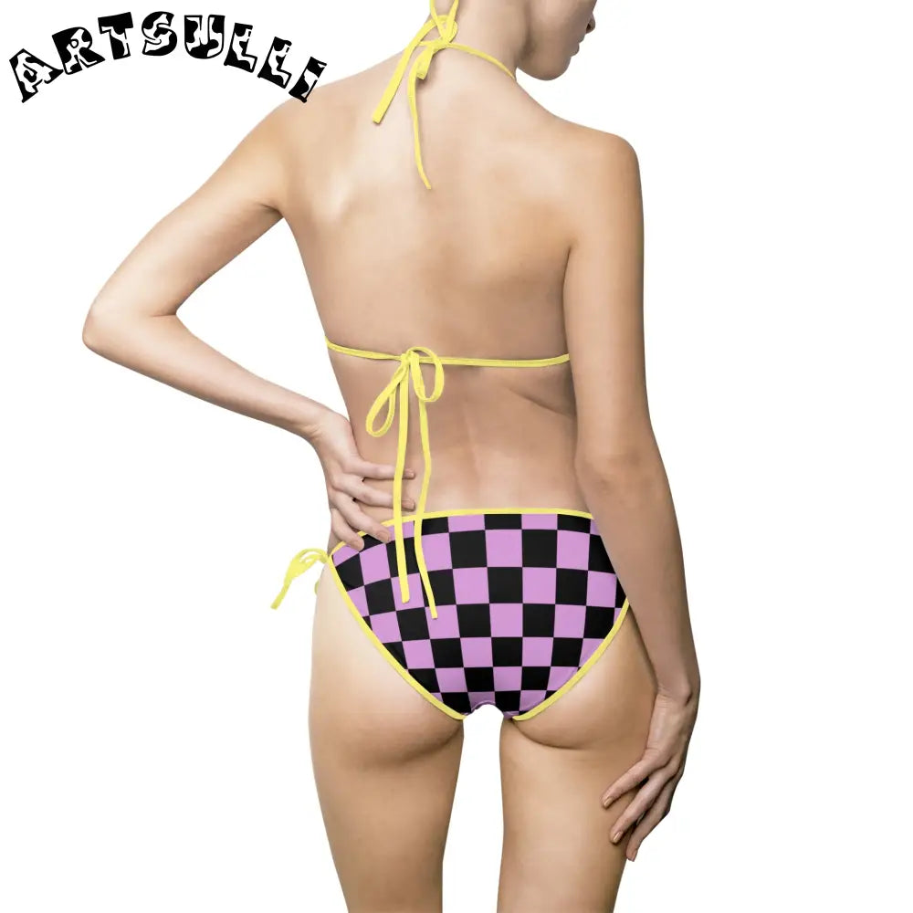 Purple Checkerboard Bikini Swimsuit, Artsulli - Art is Long, Life is Short, All Over Prints, , , , , , , 