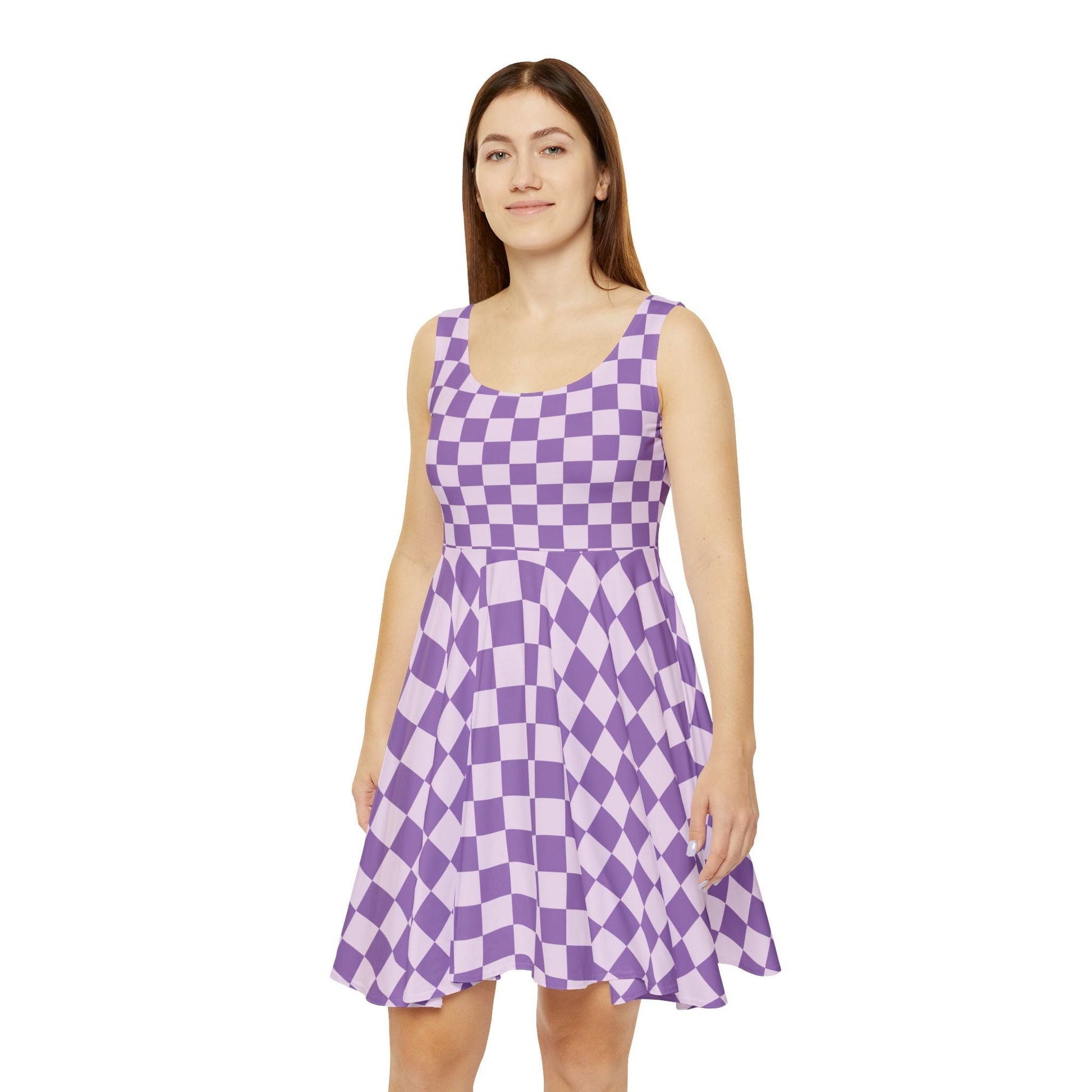 Purple Checkerboard Skater Dress, Artsulli - Art is Long, Life is Short, All Over Prints, , , , , , , 