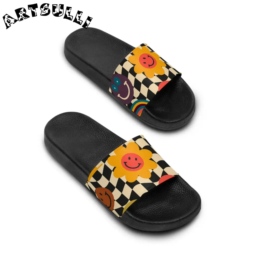 Rainbow Checkerboard Smiley Slides, Artsulli - Art is Long, Life is Short, Shoes, , , , , , , 