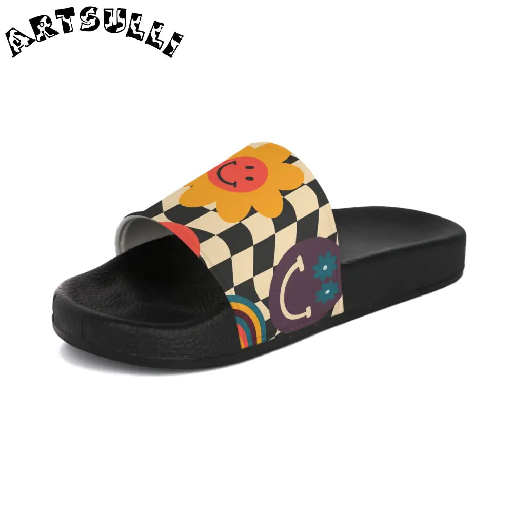 Rainbow Checkerboard Smiley Slides, Artsulli - Art is Long, Life is Short, Shoes, , , , , , , 