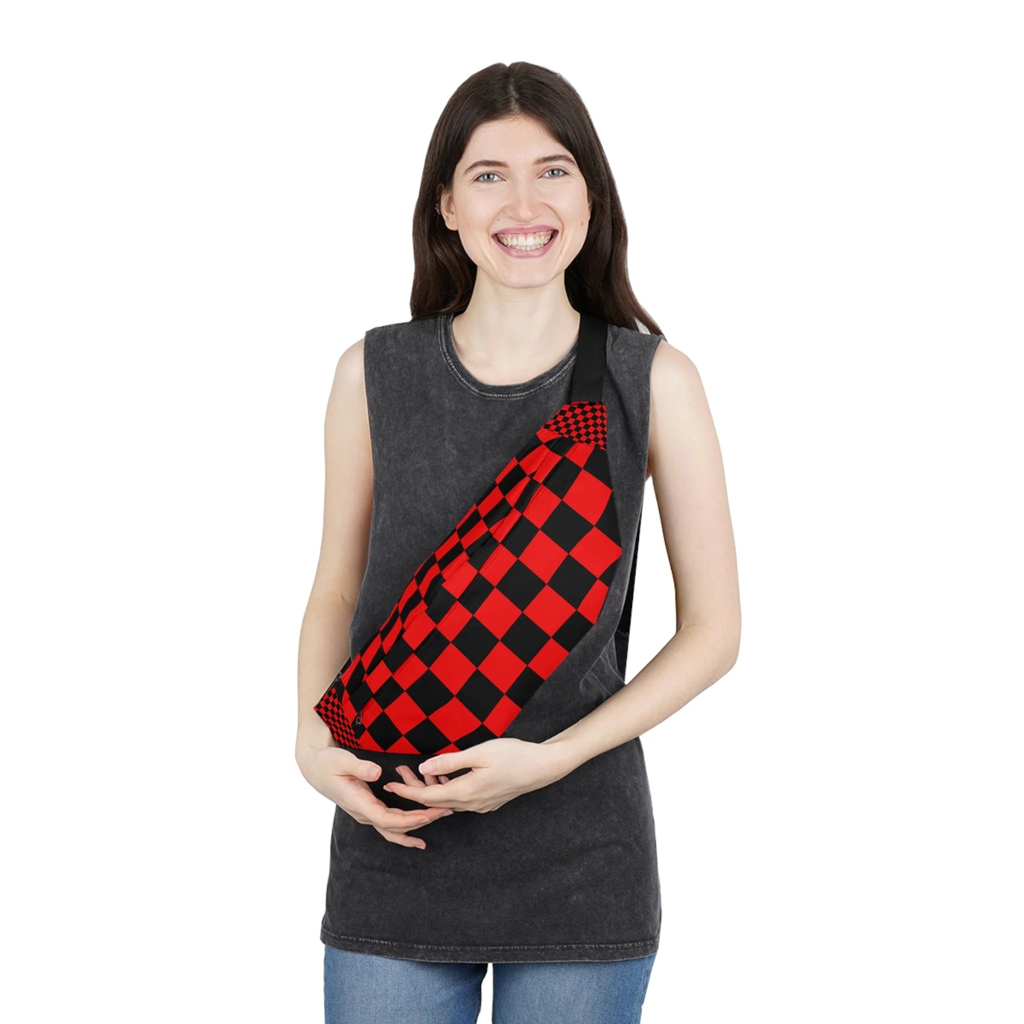 Red and Black Checkered Print Fanny Pack, Artsulli - Art is Long, Life is Short, Bags, , , , , , , 
