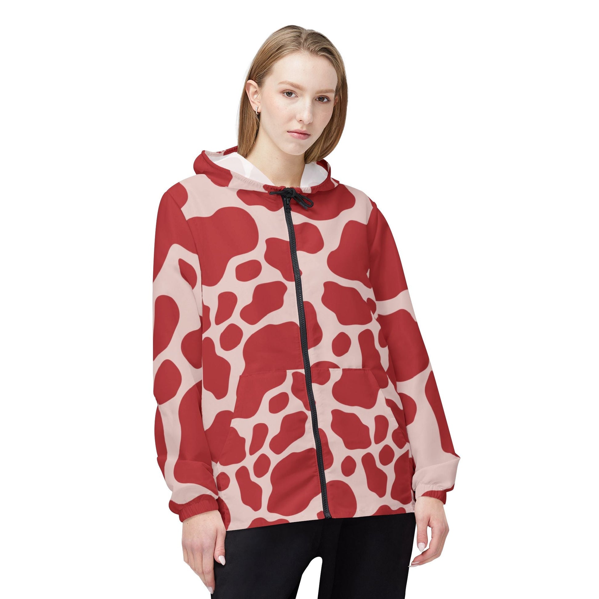 Red and Cream Cow Print Windbreaker Jacket, Artsulli - Art is Long, Life is Short, Outerwear, , , , , , , 