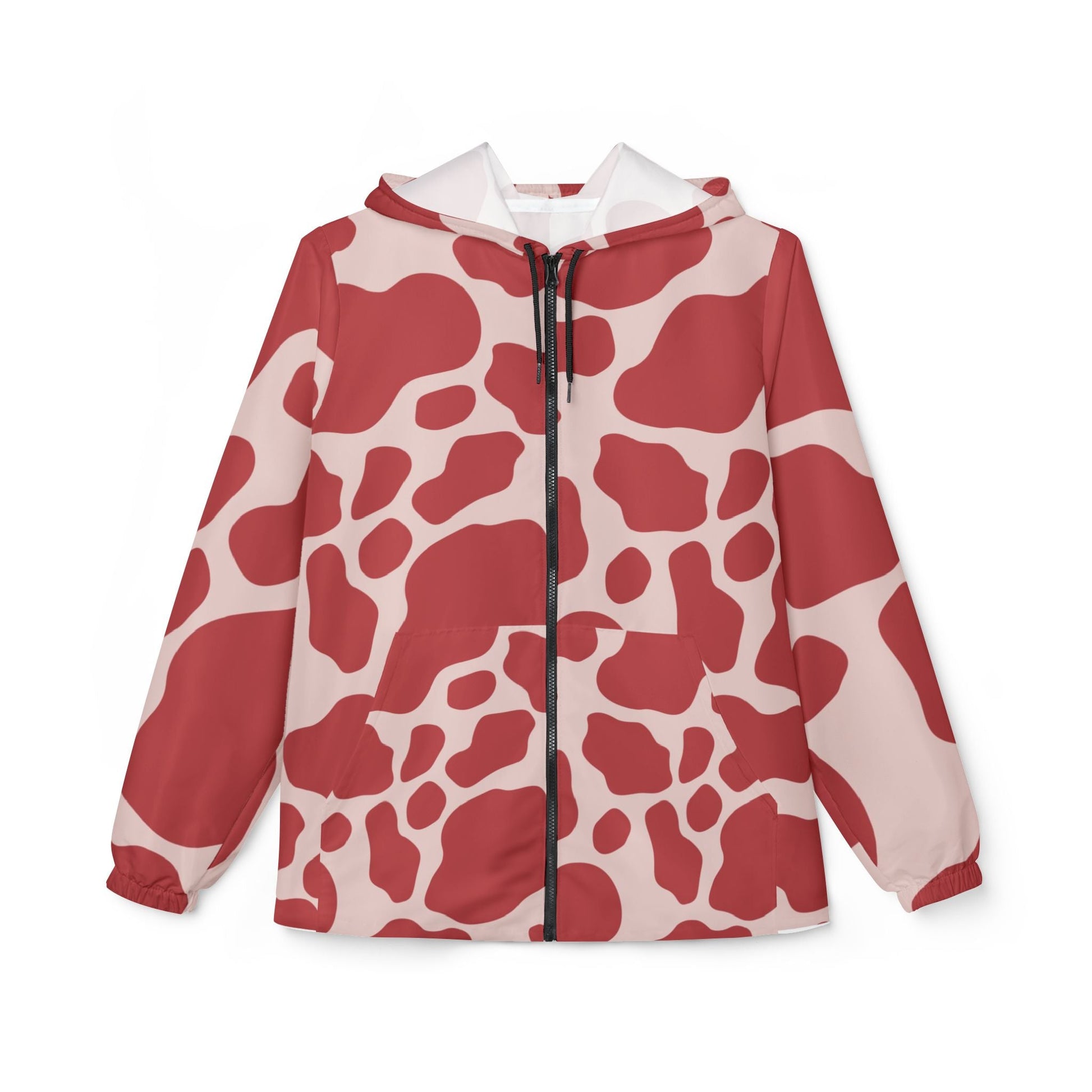 Red and Cream Cow Print Windbreaker Jacket, Artsulli - Art is Long, Life is Short, Outerwear, Size, XS, , , , , 16697074718194295016