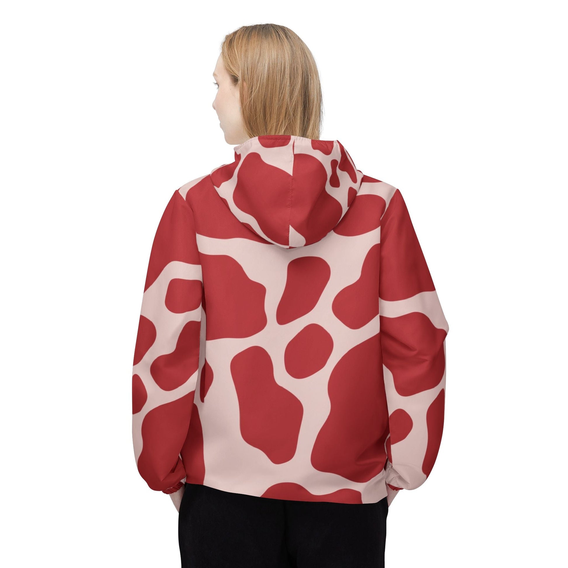 Red and Cream Cow Print Windbreaker Jacket, Artsulli - Art is Long, Life is Short, Outerwear, , , , , , , 