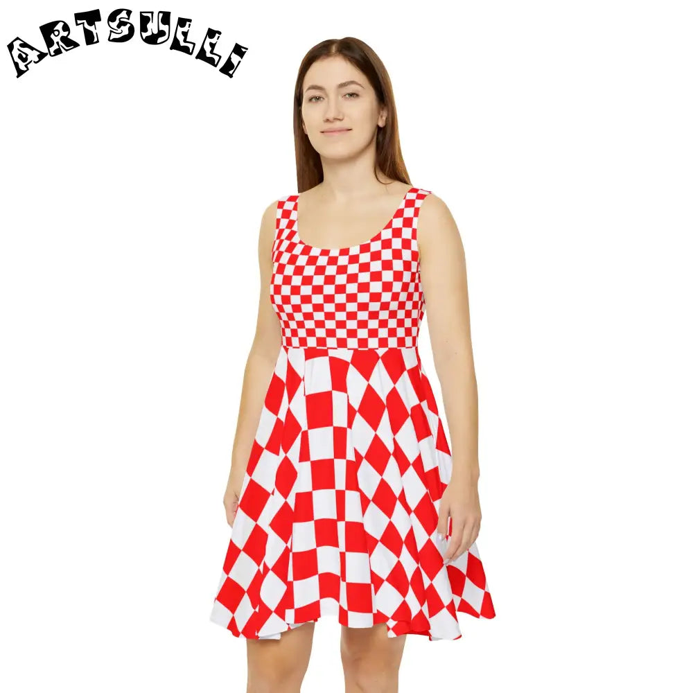 Red and White Checkered Custom Skater Dress, Artsulli - Art is Long, Life is Short, All Over Prints, , , , , , , 