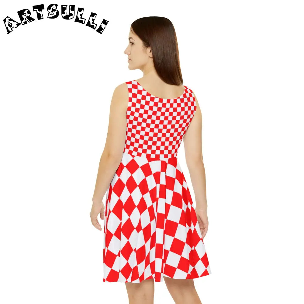 Red and White Checkered Custom Skater Dress, Artsulli - Art is Long, Life is Short, All Over Prints, , , , , , , 