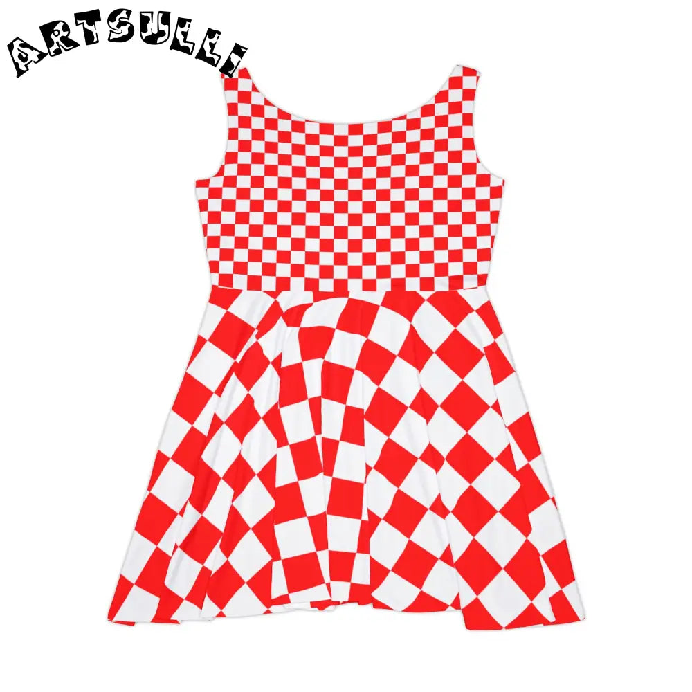 Red and White Checkered Custom Skater Dress, Artsulli - Art is Long, Life is Short, All Over Prints, , , , , , , 