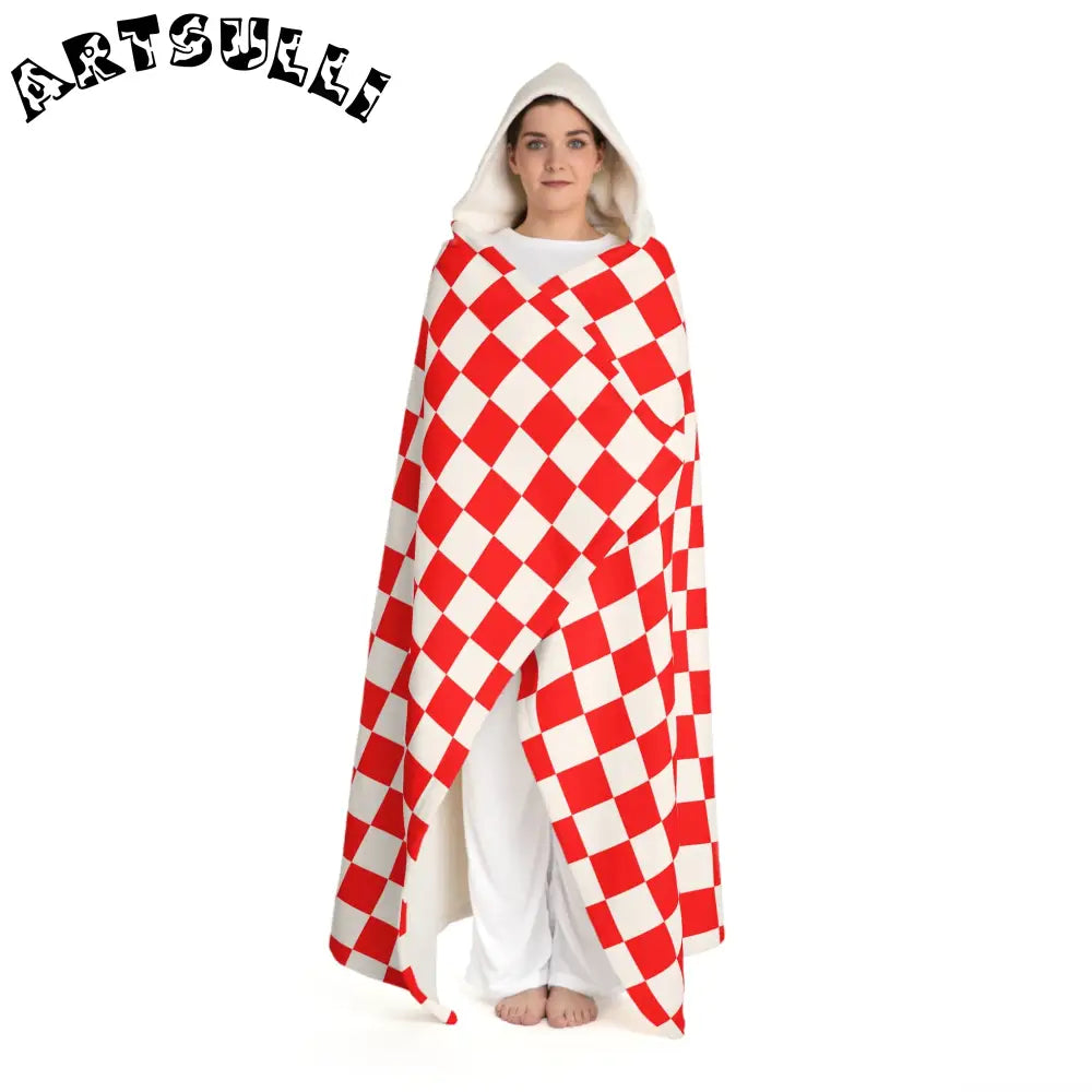 Red and White Checkered Hooded Sherpa Fleece, Artsulli - Art is Long, Life is Short, All Over Prints, , , , , , , 