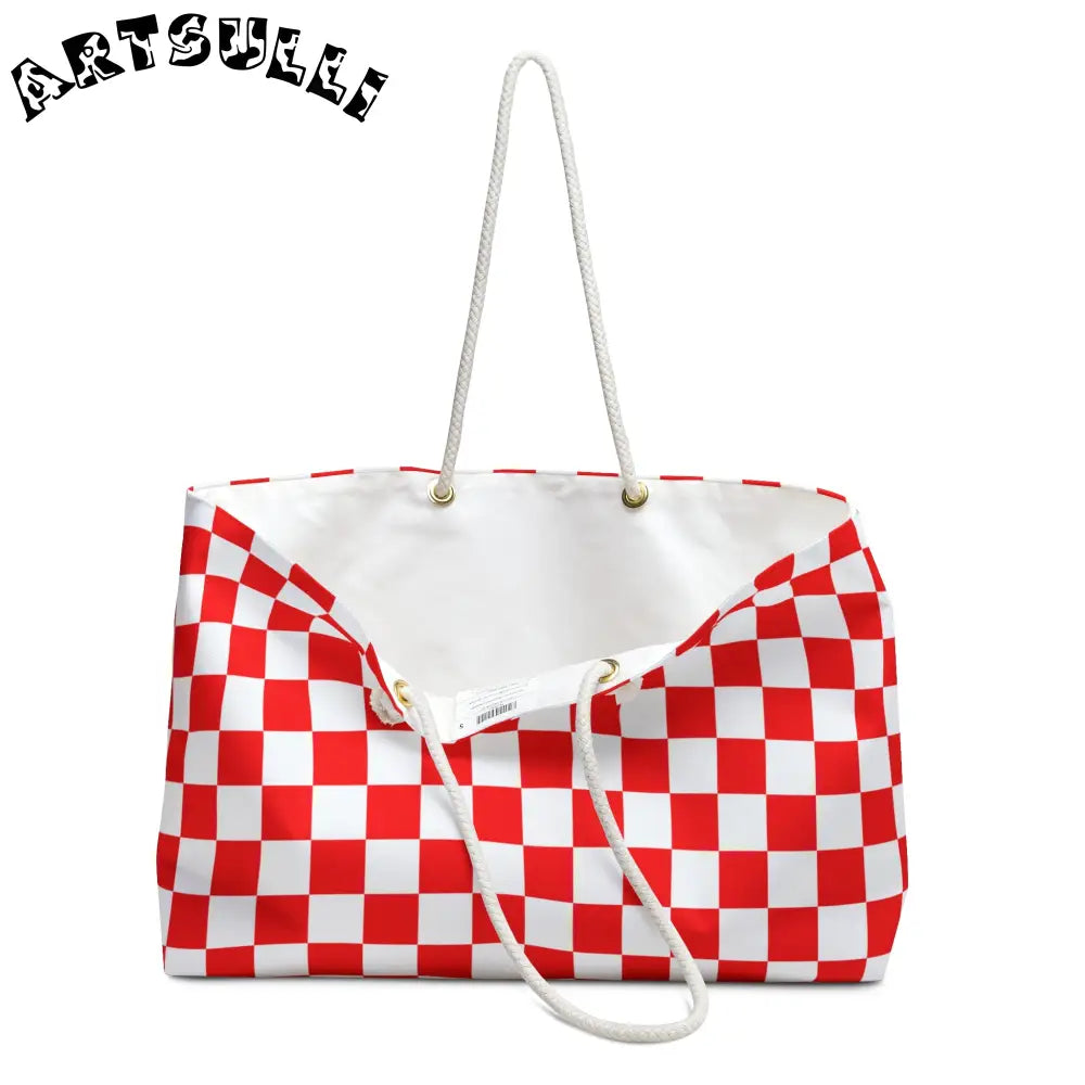 Red and White Checkered Oversized Weekender Tote, Artsulli - Art is Long, Life is Short, Bags, , , , , , , 