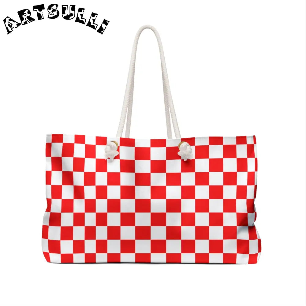 Red and White Checkered Oversized Weekender Tote, Artsulli - Art is Long, Life is Short, Bags, , , , , , , 