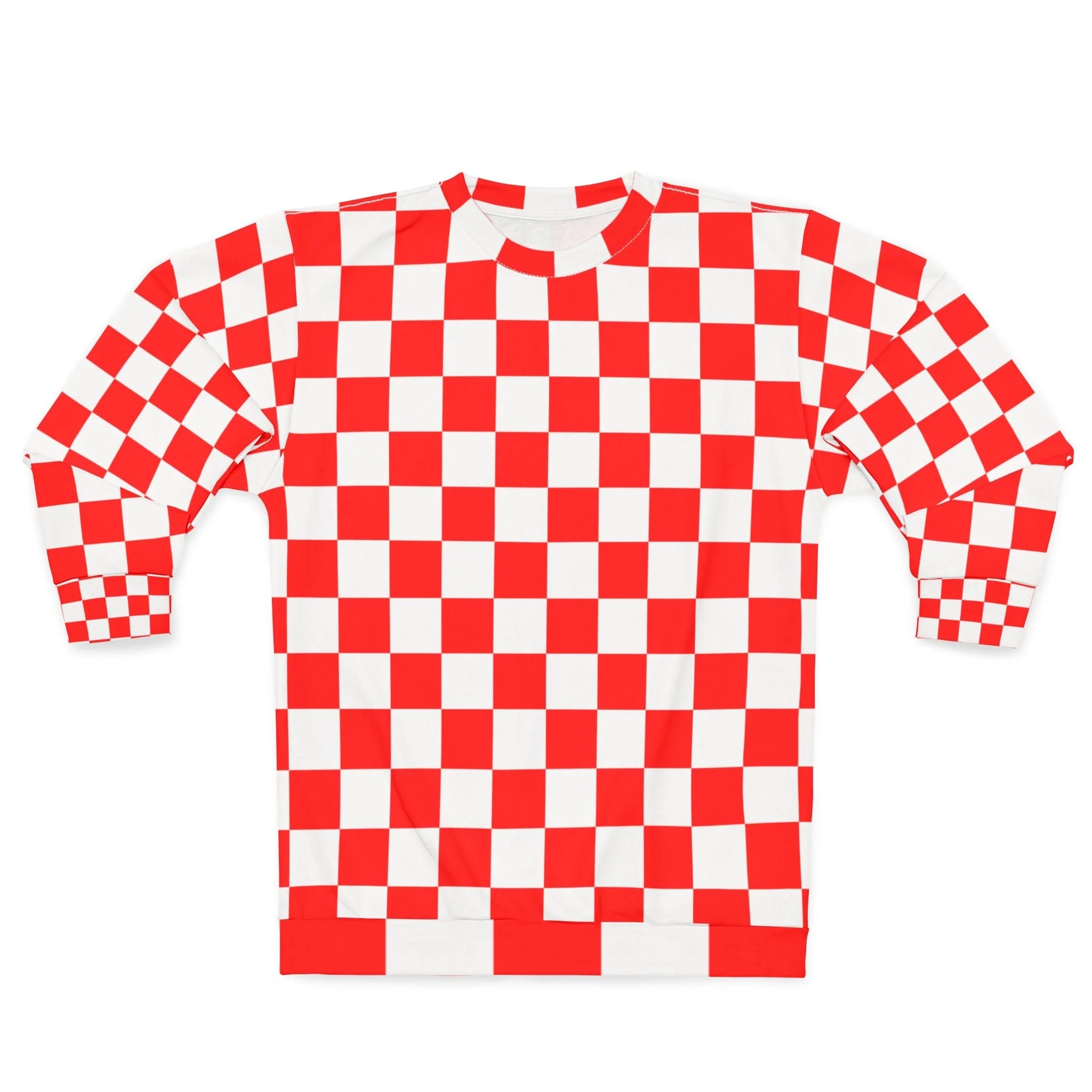 Red and White Checkered Print Crewneck Sweatshirt, Artsulli - Art is Long, Life is Short, All Over Prints, Size, XS, , , , , 35869594887453699880