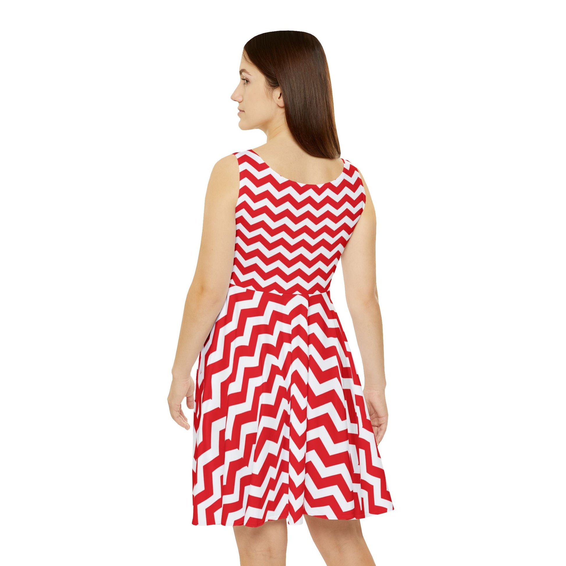 Red and White Chevron Print Skater Dress, Artsulli - Art is Long, Life is Short, All Over Prints, , , , , , , 