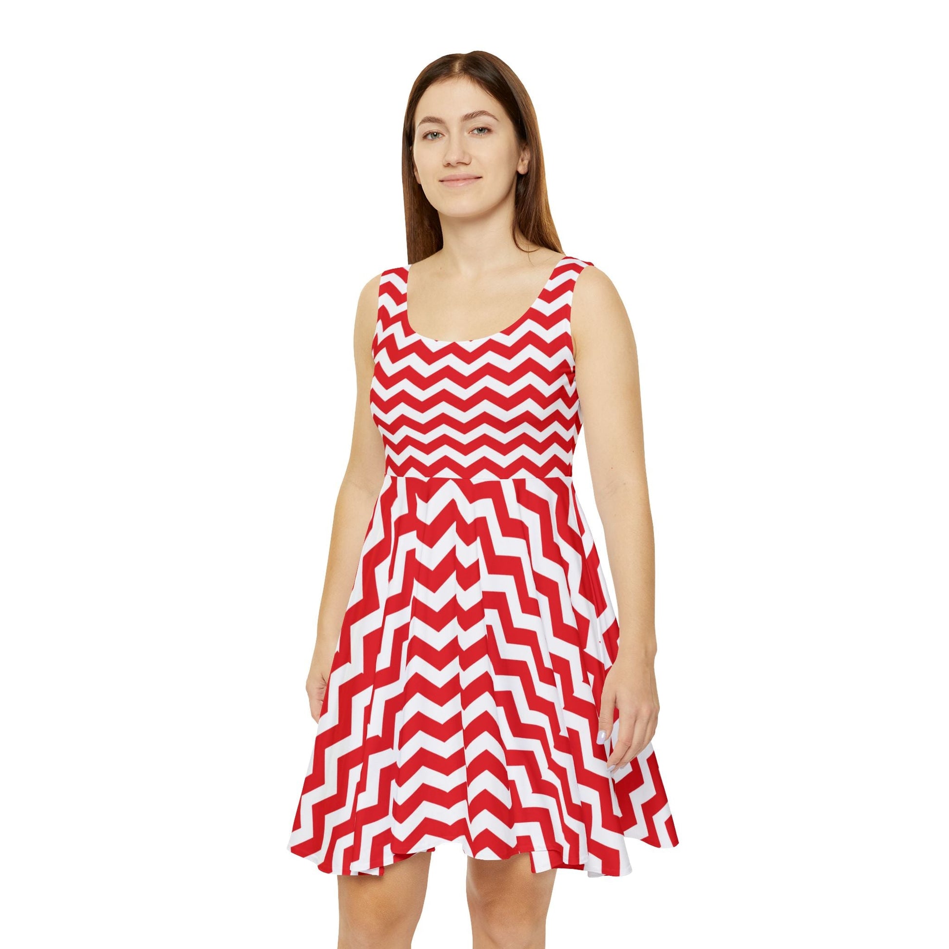 Red and White Chevron Print Skater Dress, Artsulli - Art is Long, Life is Short, All Over Prints, , , , , , , 