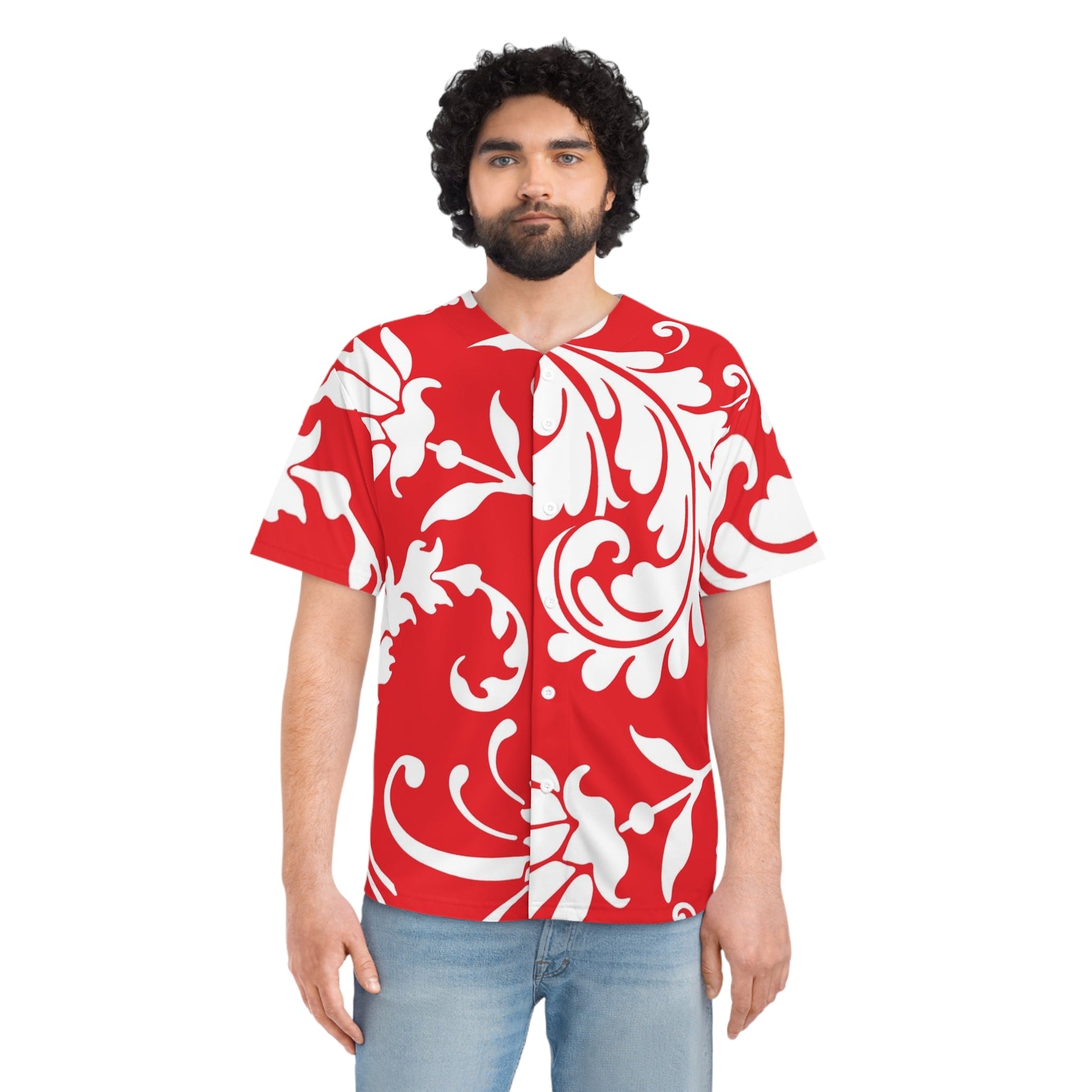 Red and White Floral Baseball Jersey, Artsulli - Art is Long, Life is Short, All Over Prints, , , , , , , 