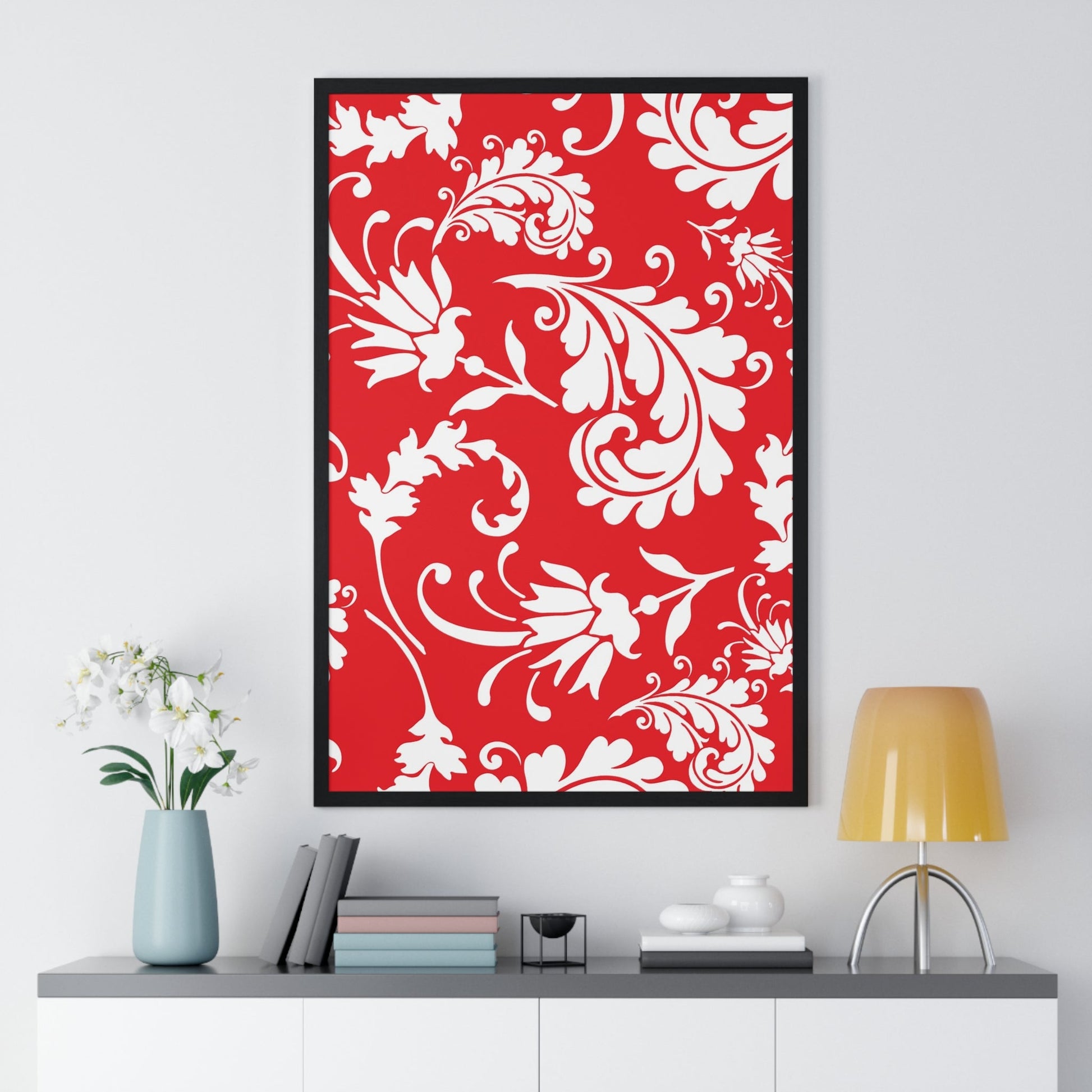 Printify Red and White Floral Scroll Framed Print 2025