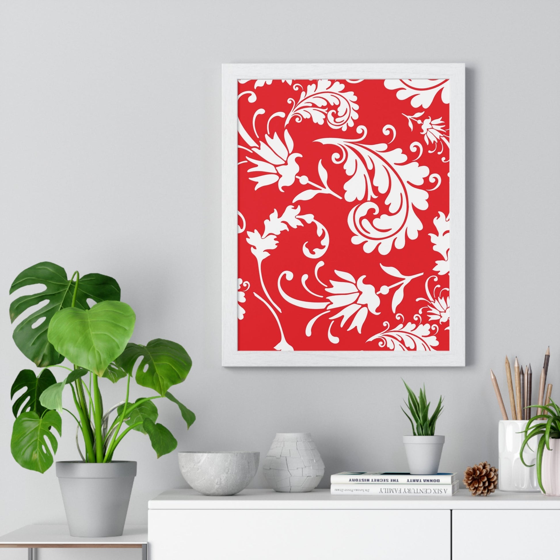 Printify Red and White Floral Scroll Framed Print 2025