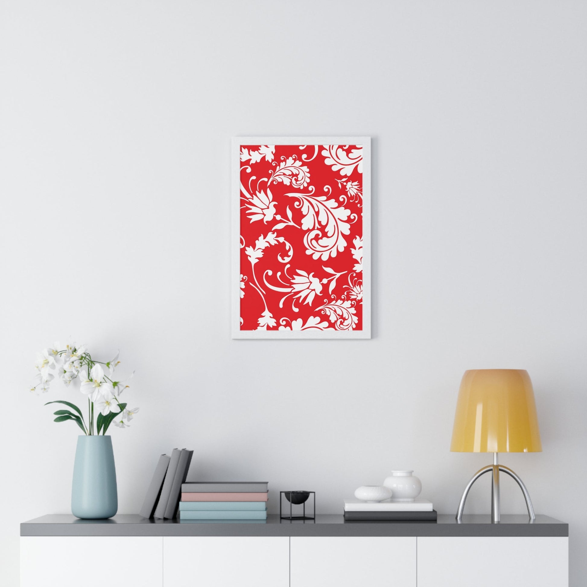 Printify Red and White Floral Scroll Framed Print 2025