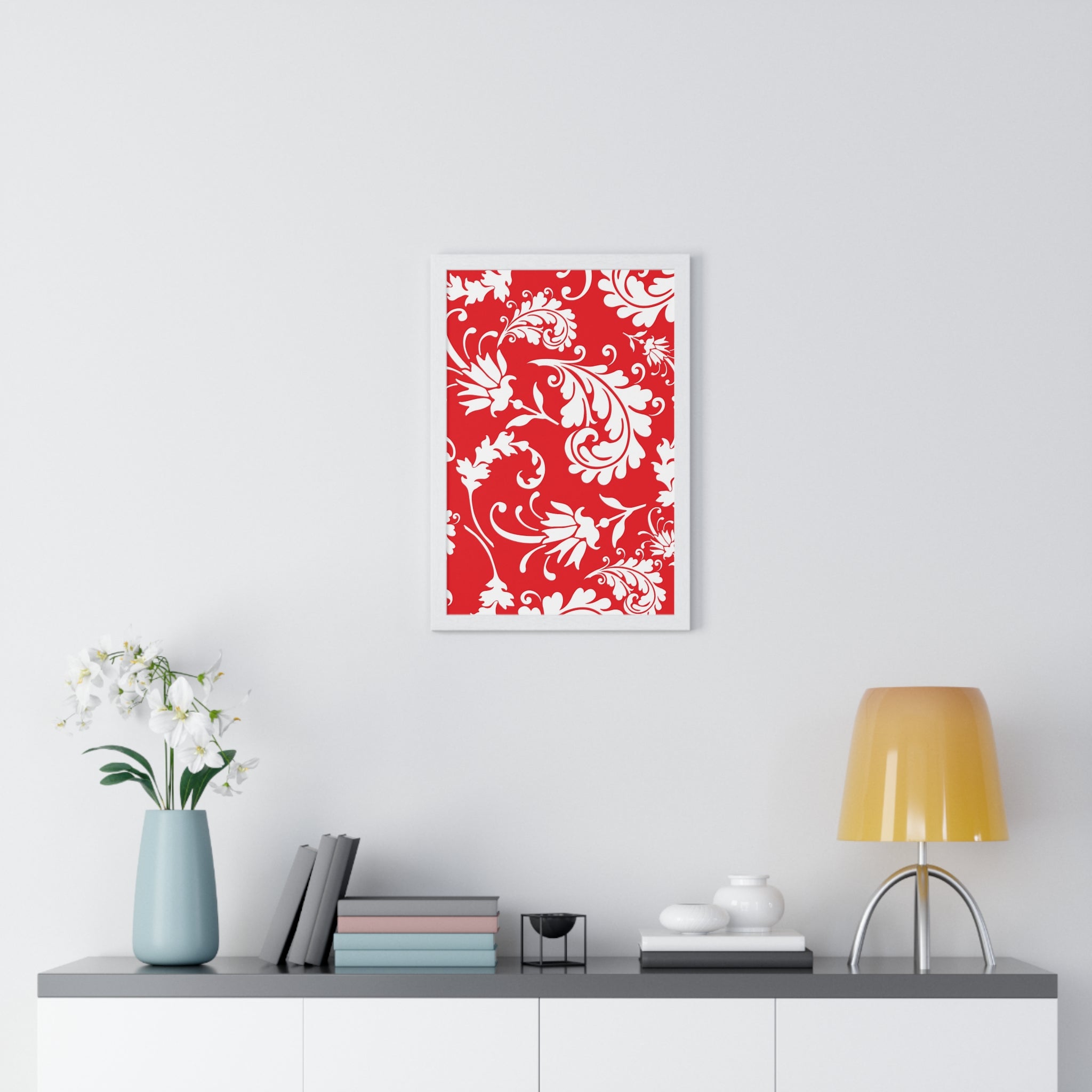 Printify Red and White Floral Scroll Framed Print 2025