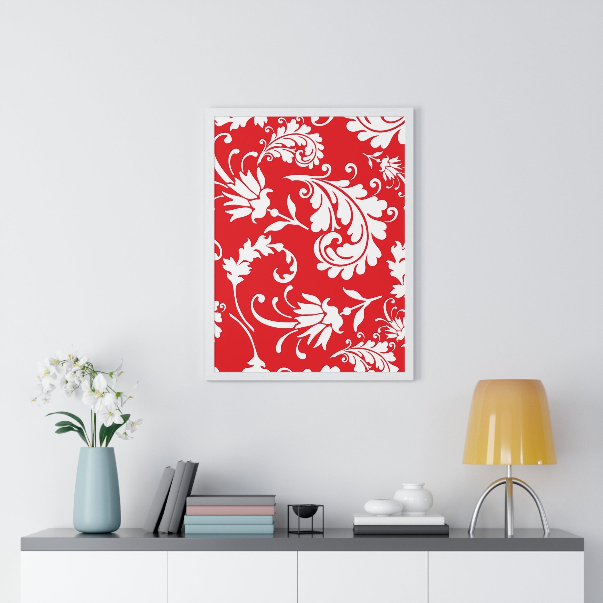 Printify Red and White Floral Scroll Framed Print 2025