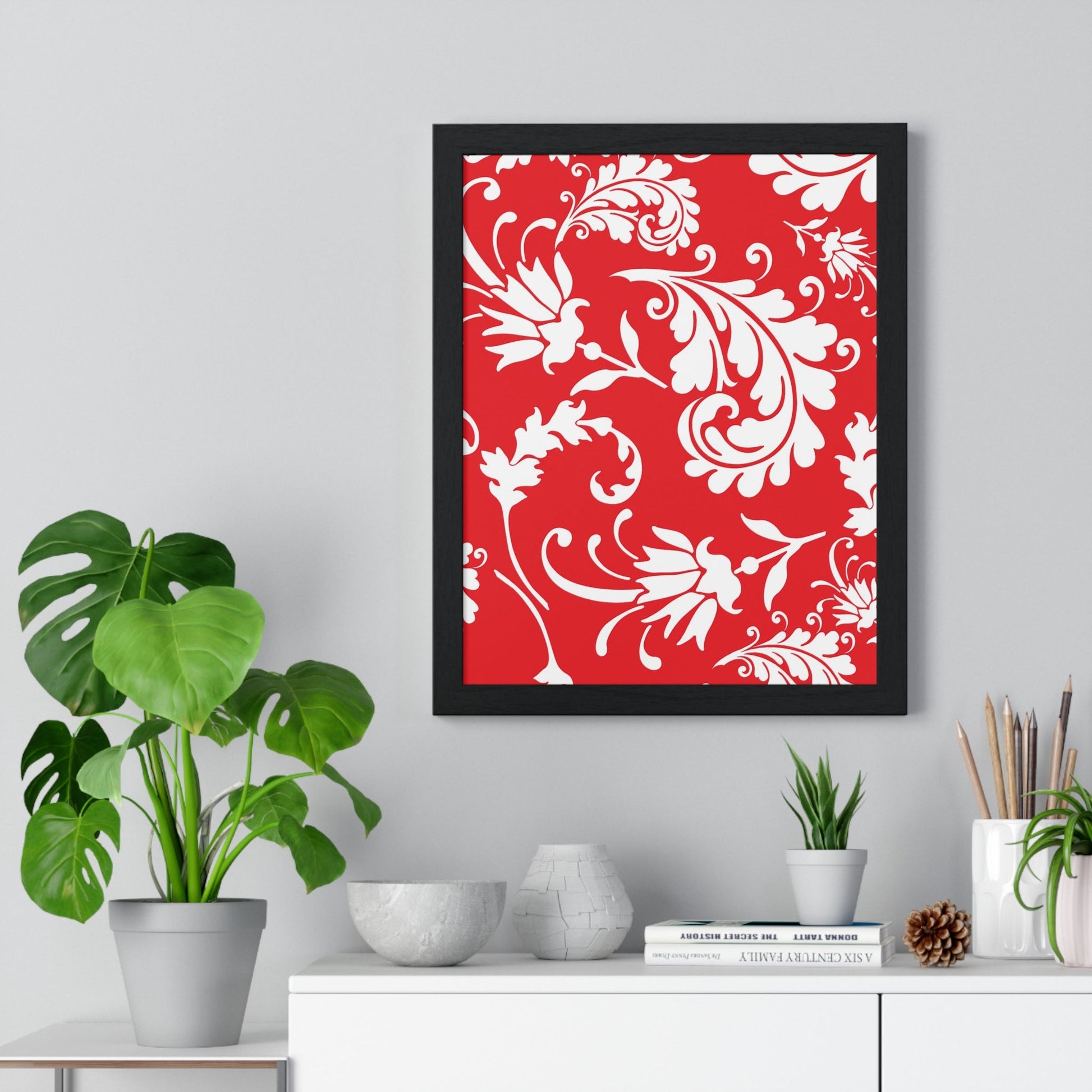 Printify Red and White Floral Scroll Framed Print 2025