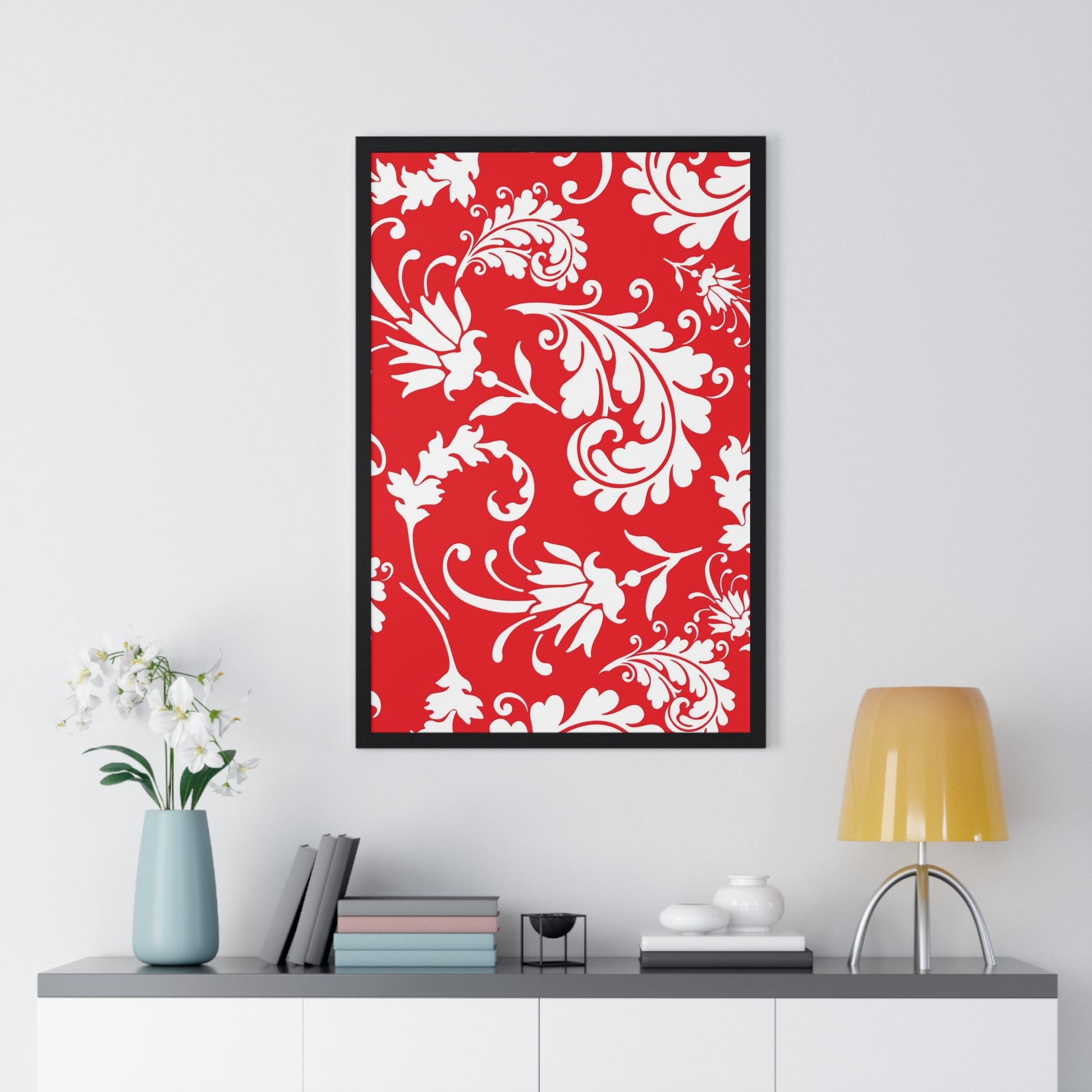 Printify Red and White Floral Scroll Framed Print 2025