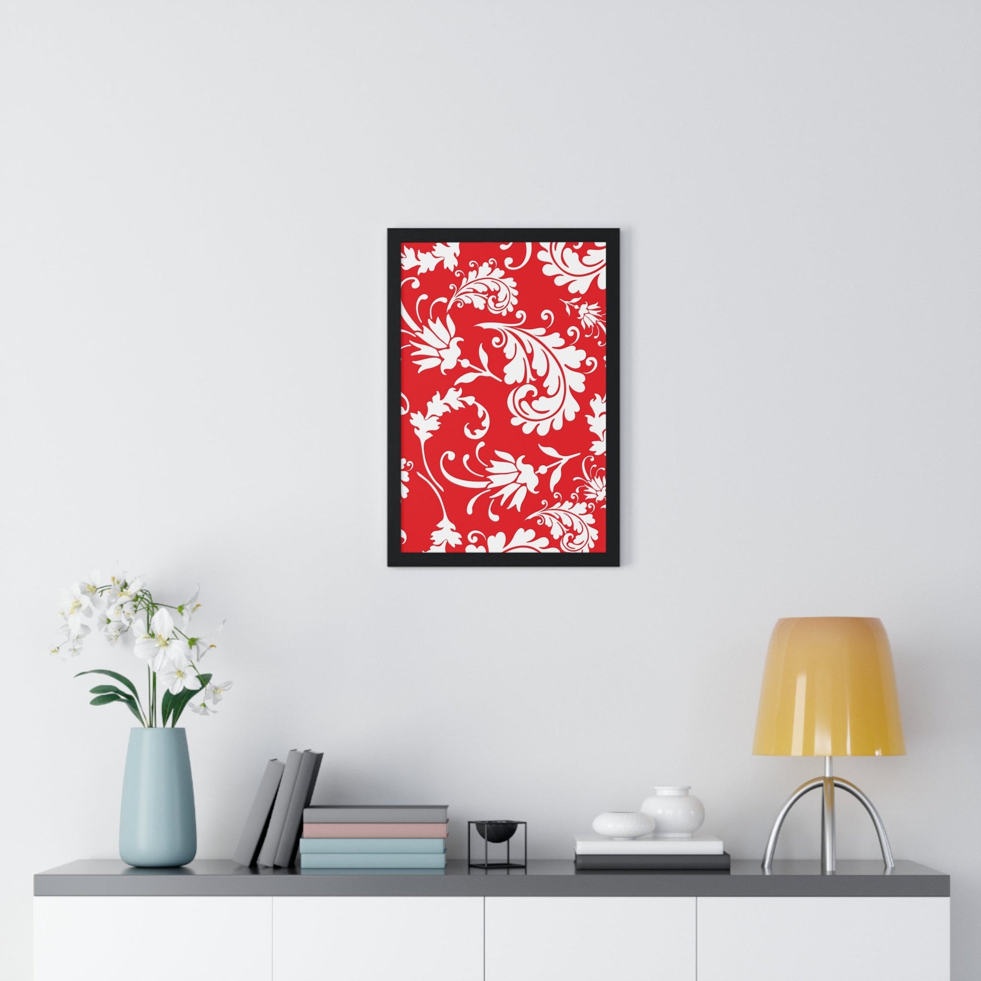 Printify Red and White Floral Scroll Framed Print 2025