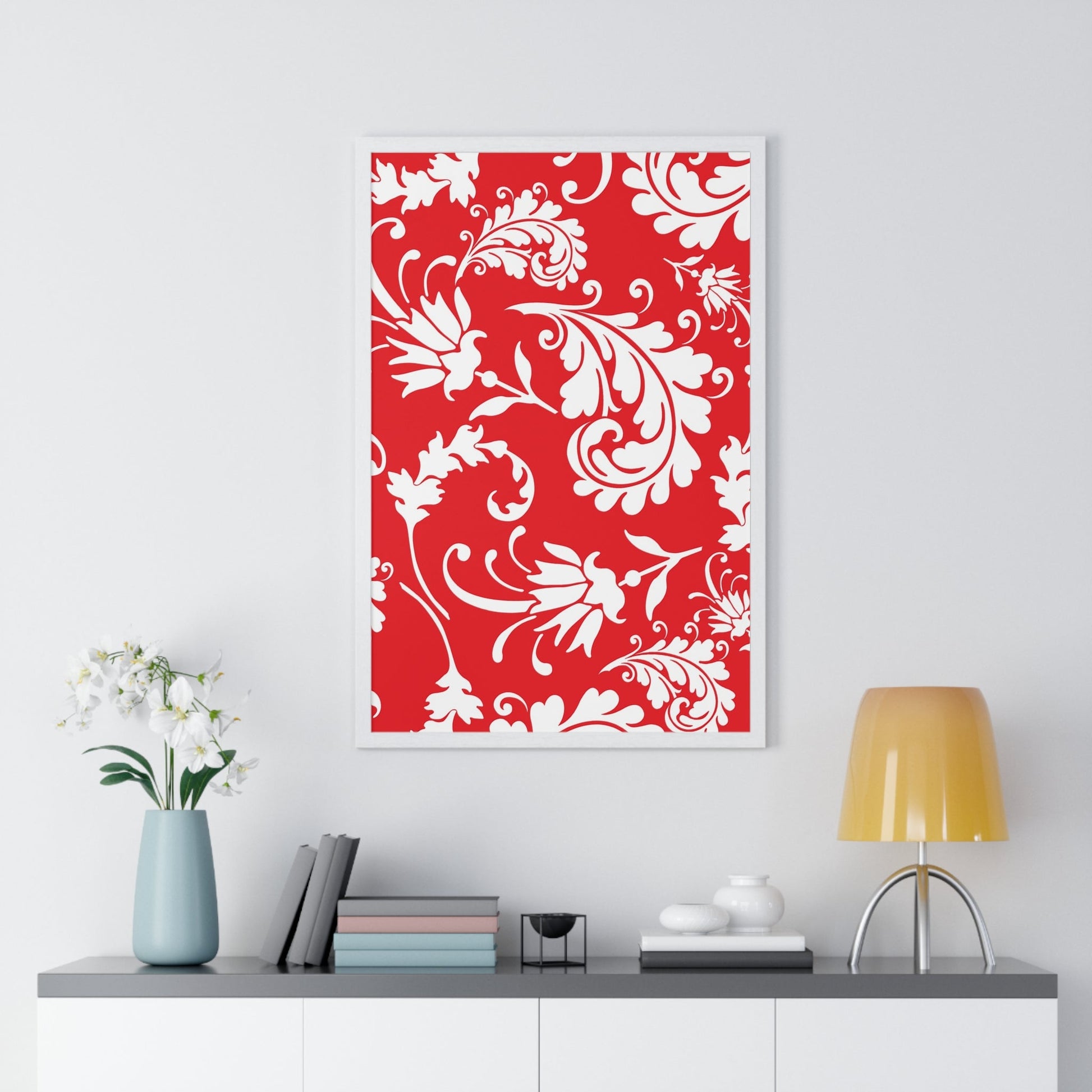 Printify Red and White Floral Scroll Framed Print 2025